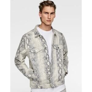 Zara Mens Snakeskin Trucker Jacket Size Medium Gray Python